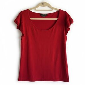 New Lauren Ralph Lauren Red Top Flutter Sleeve Stretch Valentines Day Party L